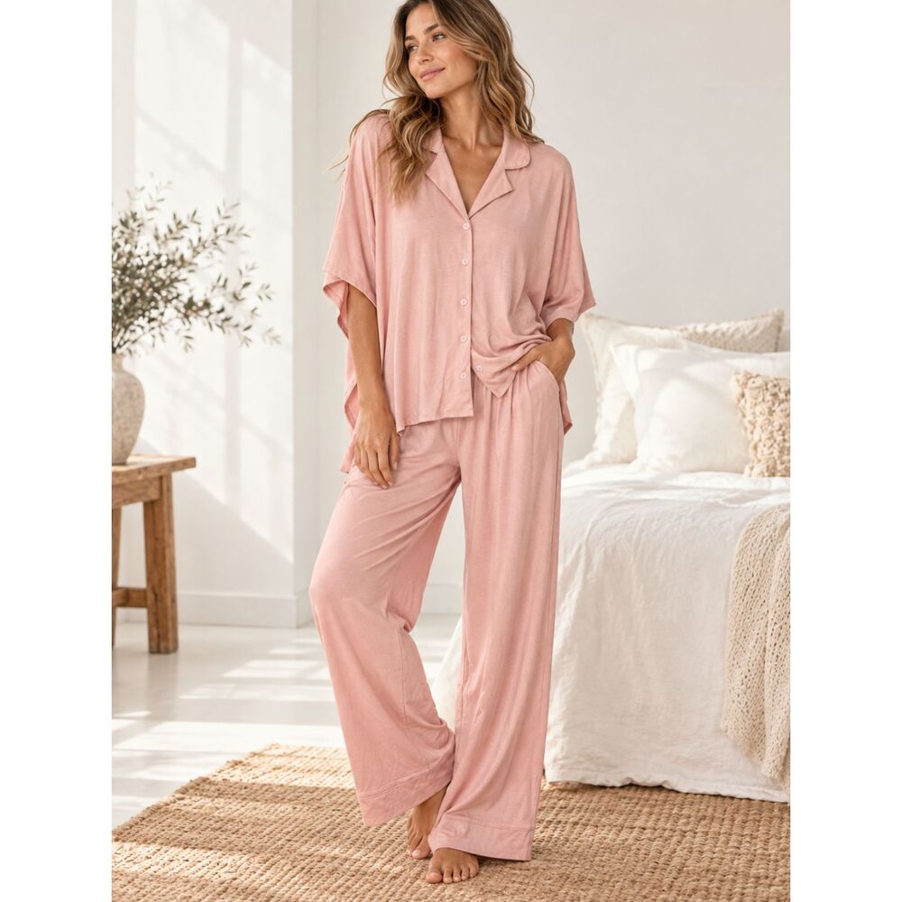 NWT Flora Nikrooz 2-Piece Pink Blush Pajama Set Button Front Wide Leg Pants S